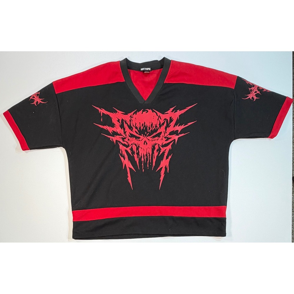Hot Topic Skull Jersey Red Black Mesh V-Neck Goth Streetwear Mens XL 00 Graphic
